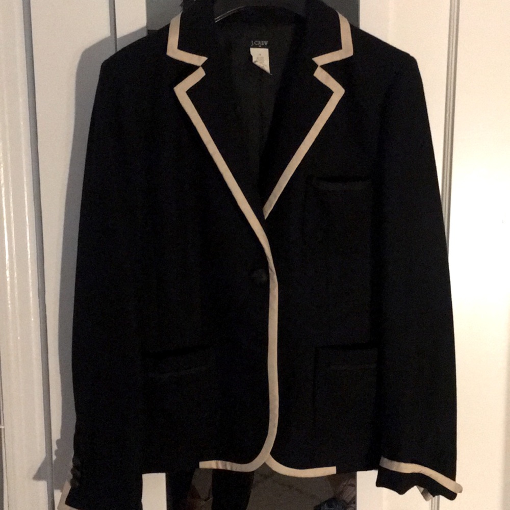 J.Crew Black Wool Blazer with Cream Piping Size 12